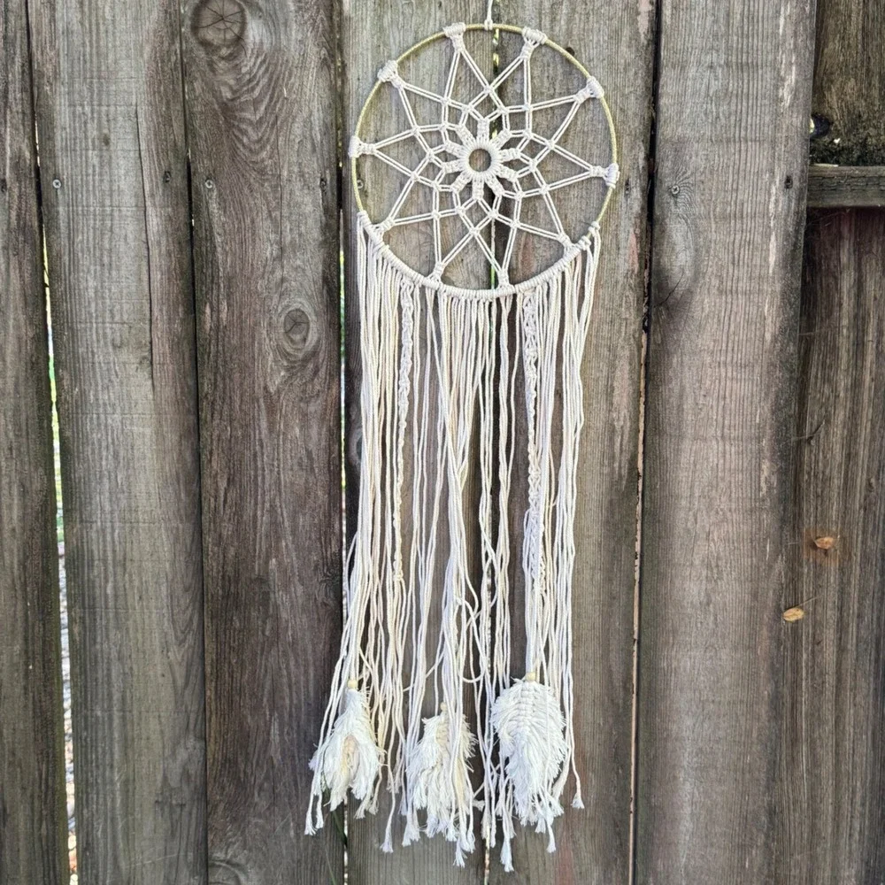 Boho Macrame Wall Hanging Large Dream Catcher Cream Cotton Gold Hoop Feathers